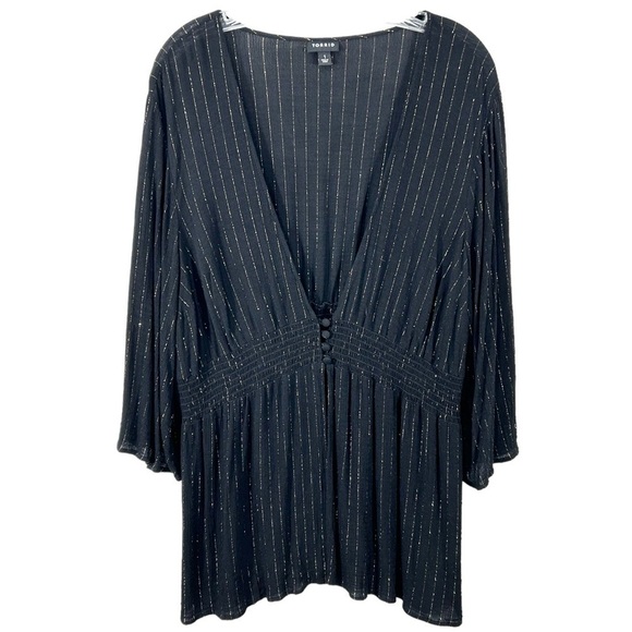 Torrid Black Gauze Button Front Smocked Babydoll Blouse  in Deep Black sz 1 1X - Picture 1 of 5